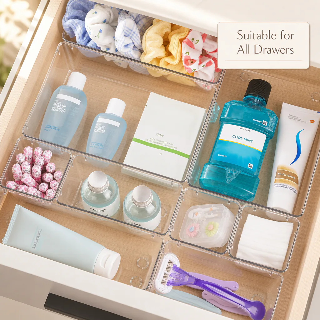 Clear organizers in a kitchen drawer