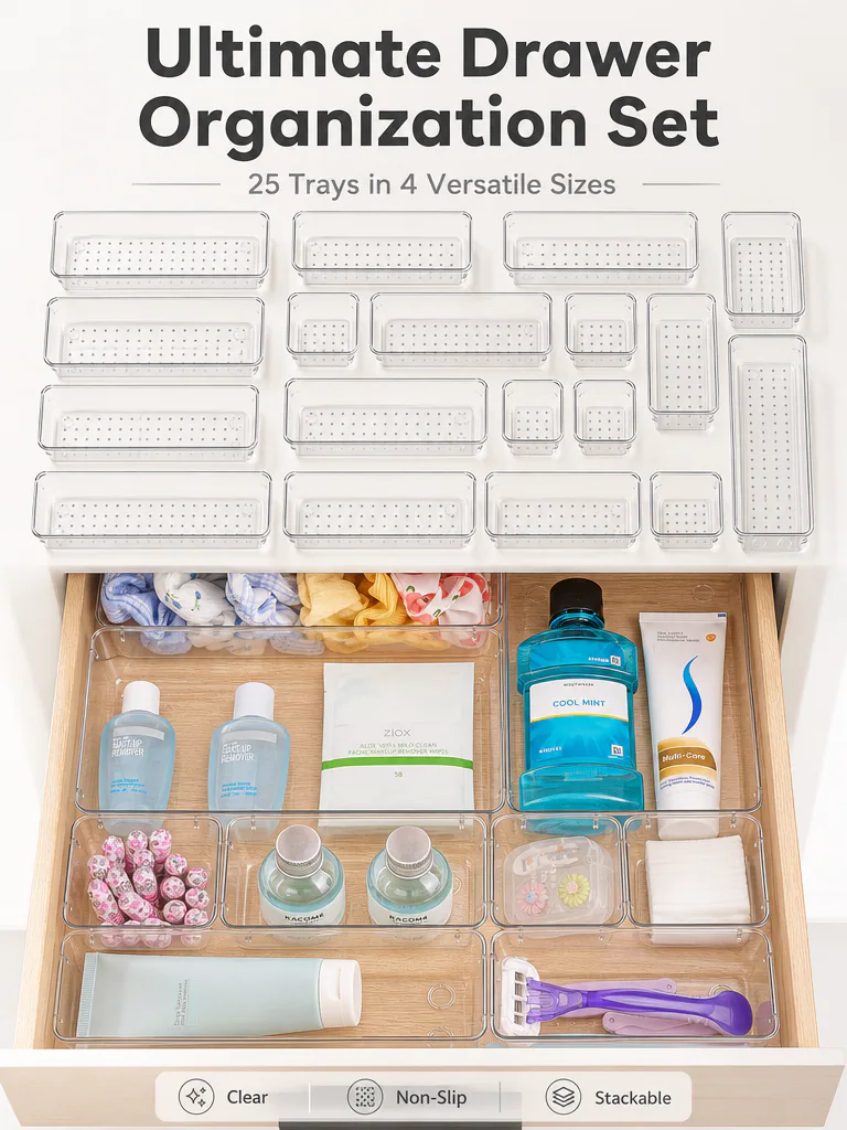 Clear drawer organizer detail overview