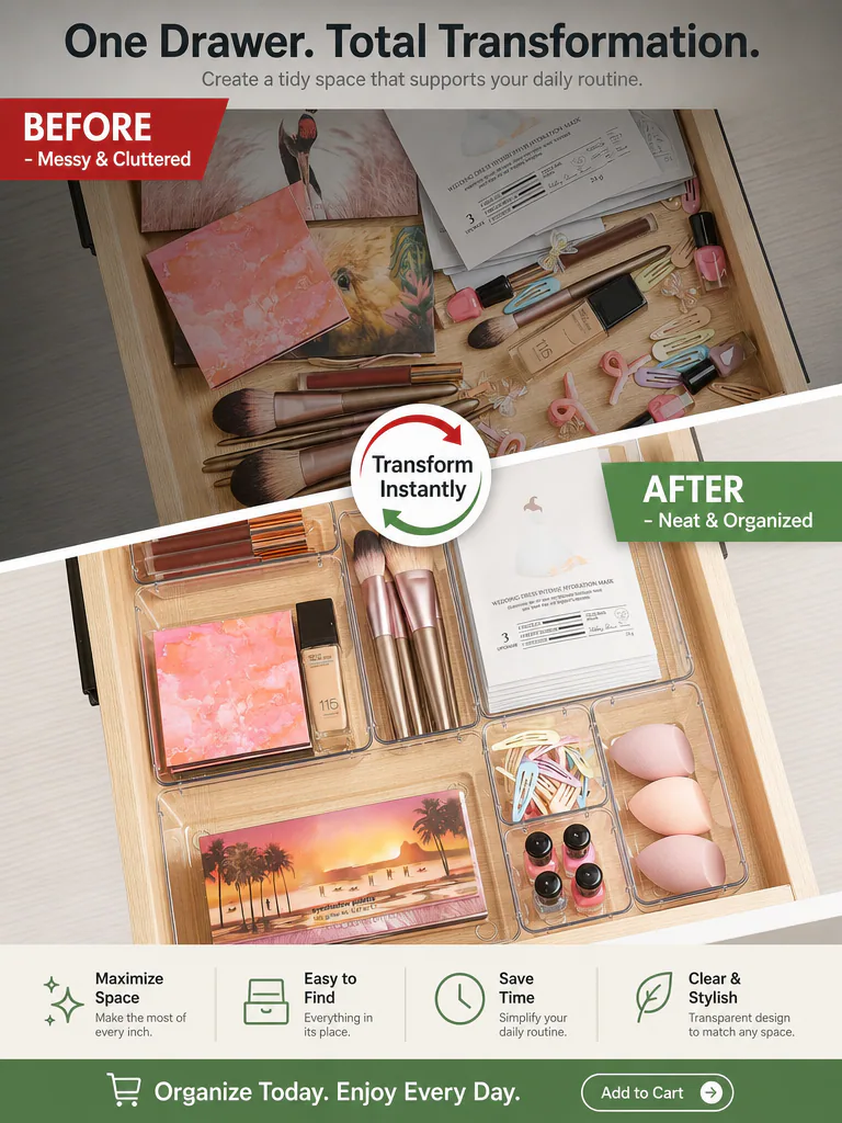 Drawer organizer before and after comparison