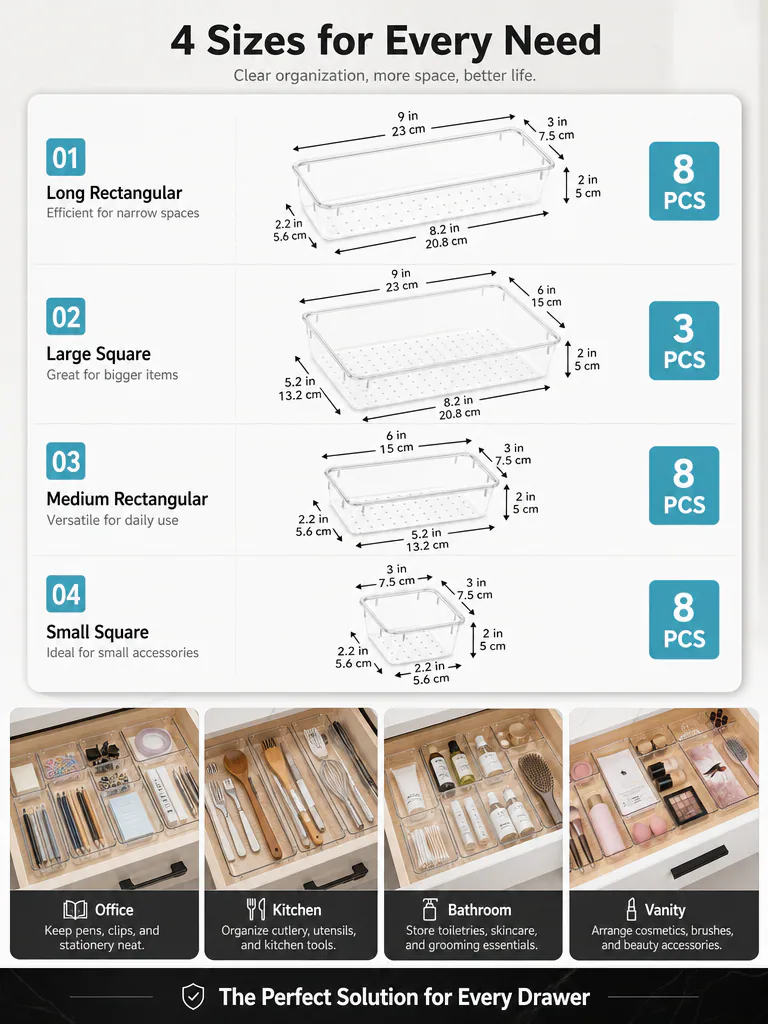 Drawer organizer sizes and applications