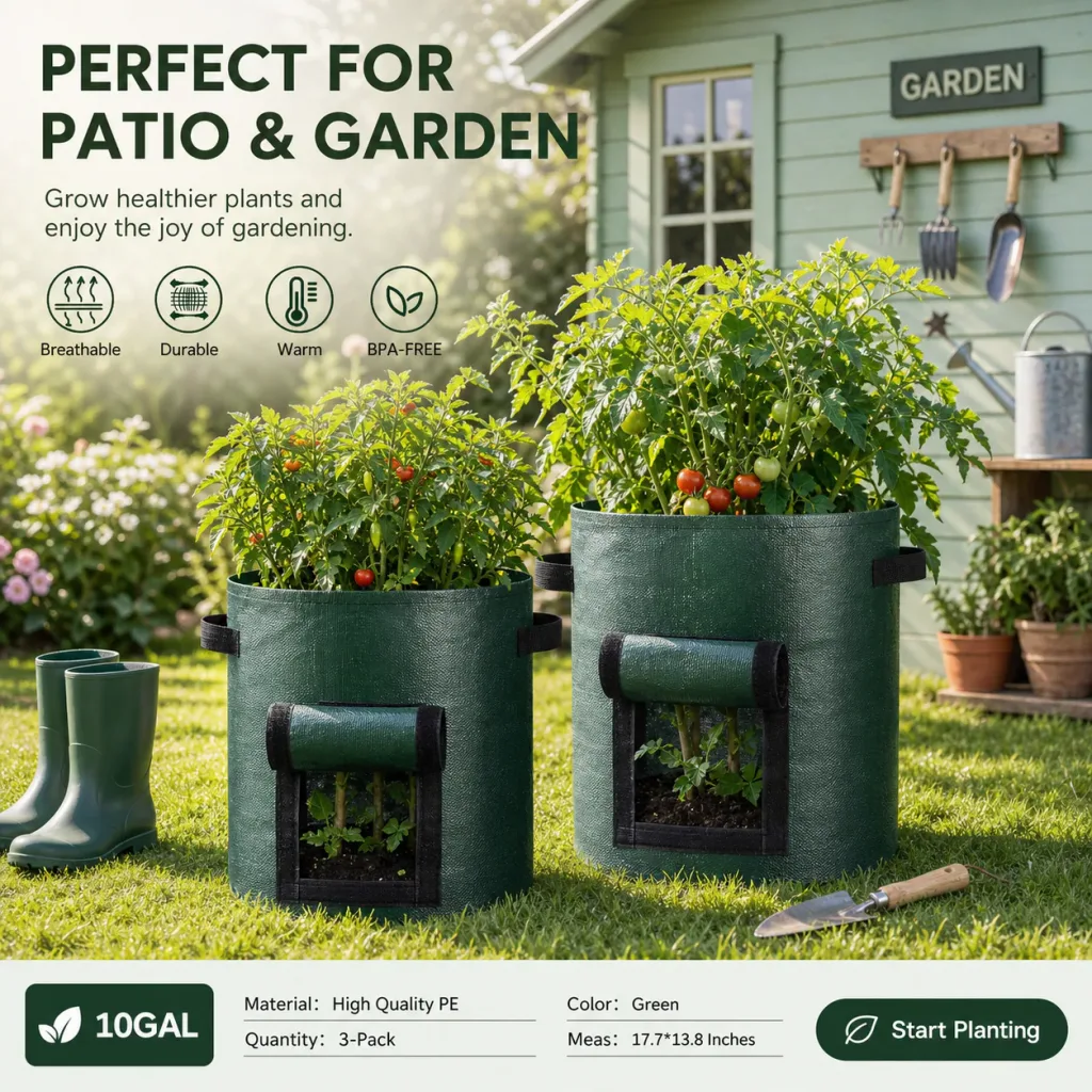 Potato grow bags in an outdoor garden