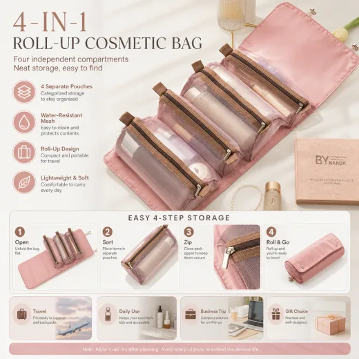 Roll-up cosmetic organizer for bathroom and travel