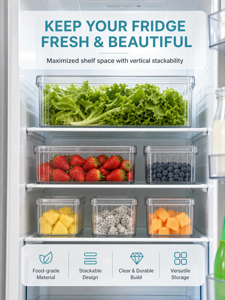 Produce containers organized in a refrigerator