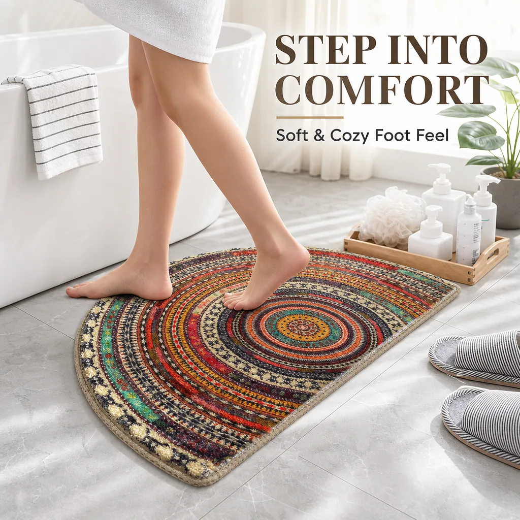 Bohemian rug in a bathroom setting
