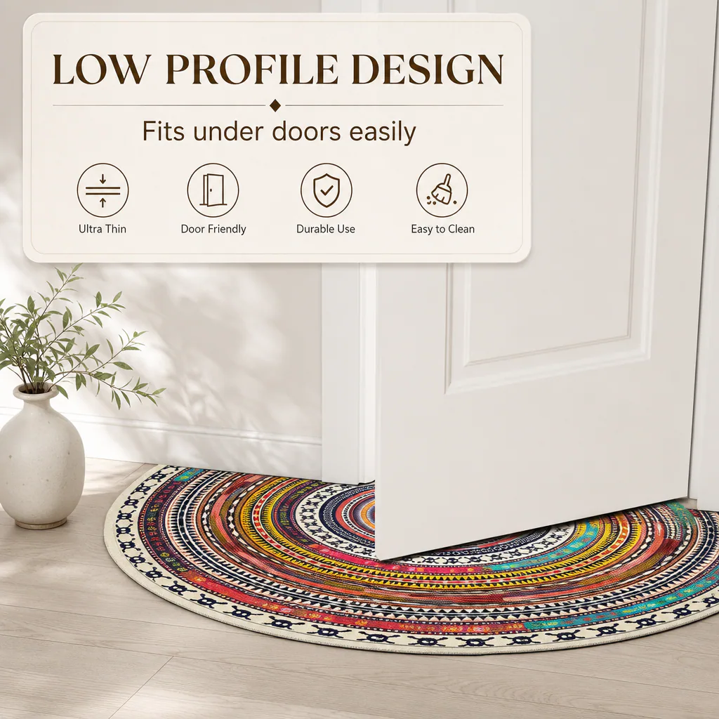 Low-profile Bohemian semicircle rug under a door