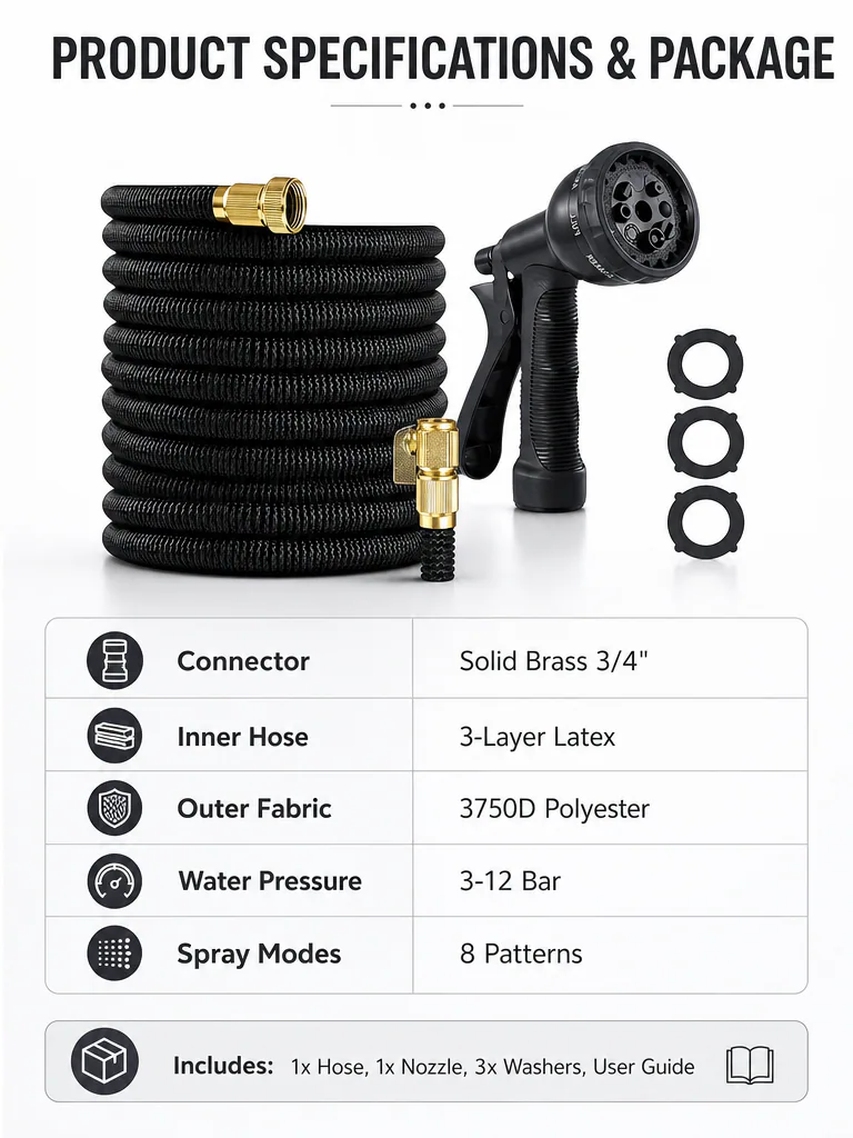 Garden hose specifications and package list