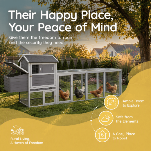 Gray Wooden Chicken Coop with Run and Nesting Box